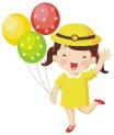 A clip art of a girl in a yellow dress holding 3 balloons